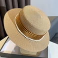 thumbnail image 2 of Women's Straw Boater Hat Elegant Flat Top Sun Hat with Pearl Tie & Satin Band Wide Brim Summer Beach Hat for Travel, 2 of 4