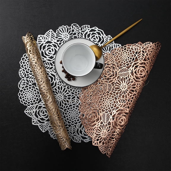 PVC Heat Resistant Non-Slip Placemat, 15x15 Inch Easy-Clean Table Mat for Hot Dishes, Coffee, Dining Table Decor (Gold/Silver/Rose Gold)