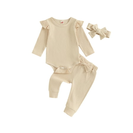 

Infant Baby Girls 3Pcs Fall Outfits Long Sleeve Romper + Bow Pants + Headband Casual Daily Clothes