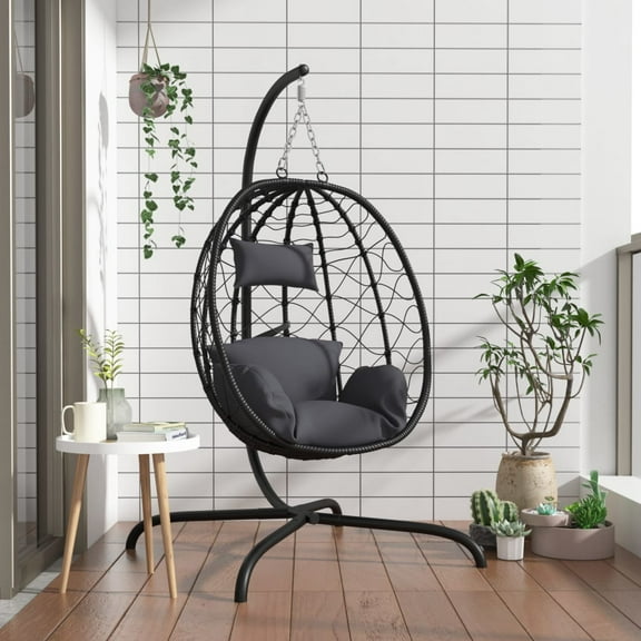 vidaXL Hanging Egg Chair with Cushion Anthracite Poly Rattan&Steel
