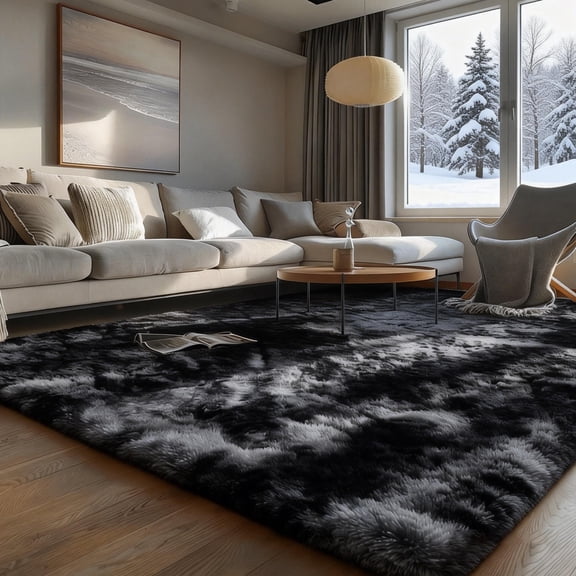 Area Rugs for Living Room Bedroom, 8'x10' Soft Fluffy Shag Indoor Floor Carpet for Living Room Bedroom Dining Room Office Home Decor, Black