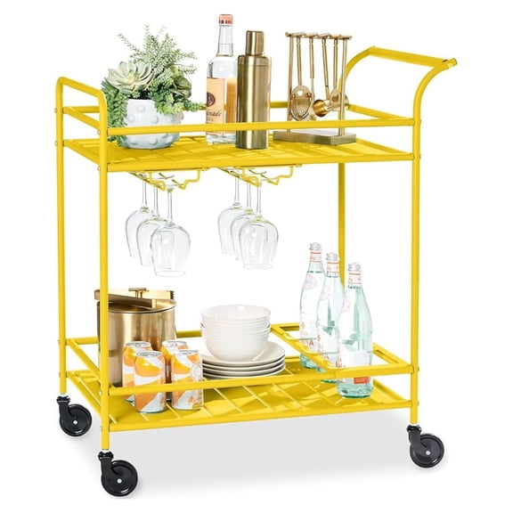 REKHH Outdoor Mobile Patio Bar Cart, Home Bar Serving Cart, BBQ Side Table w/ 2 Tier Storage, Wine Rack, Lockable Wheels - Yellow
