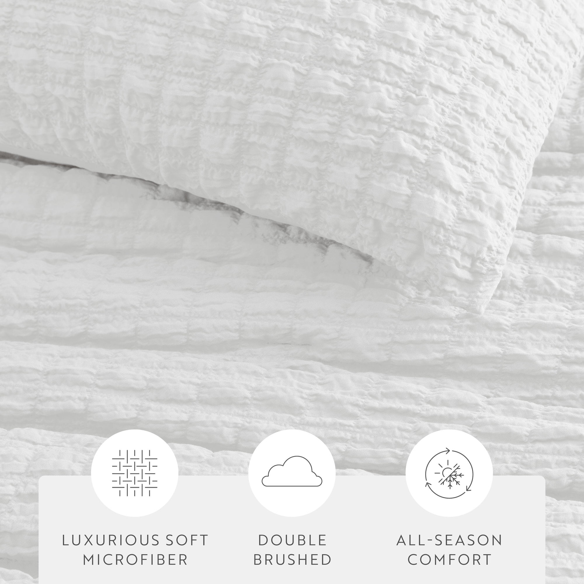 Noble Linens 3 Piece Seersucker Textured All Season Down-Alternative Comforter Set, White, Full/Queen