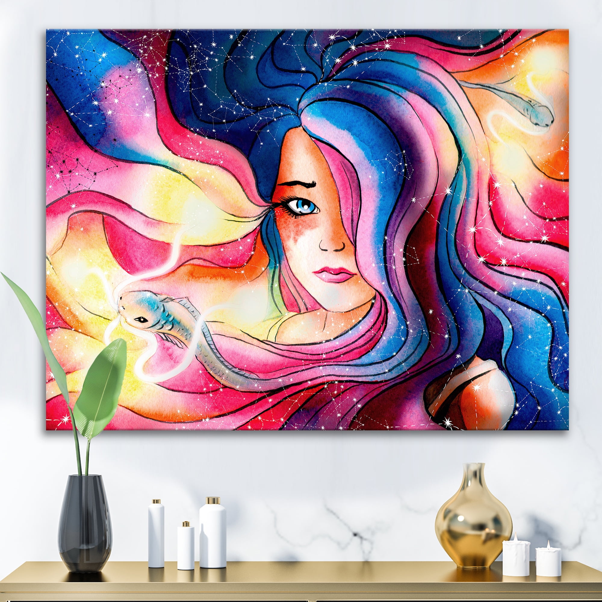 Designart ' The Girl Portrait With The Glowing Hair ' Modern Canvas Wall Art Print