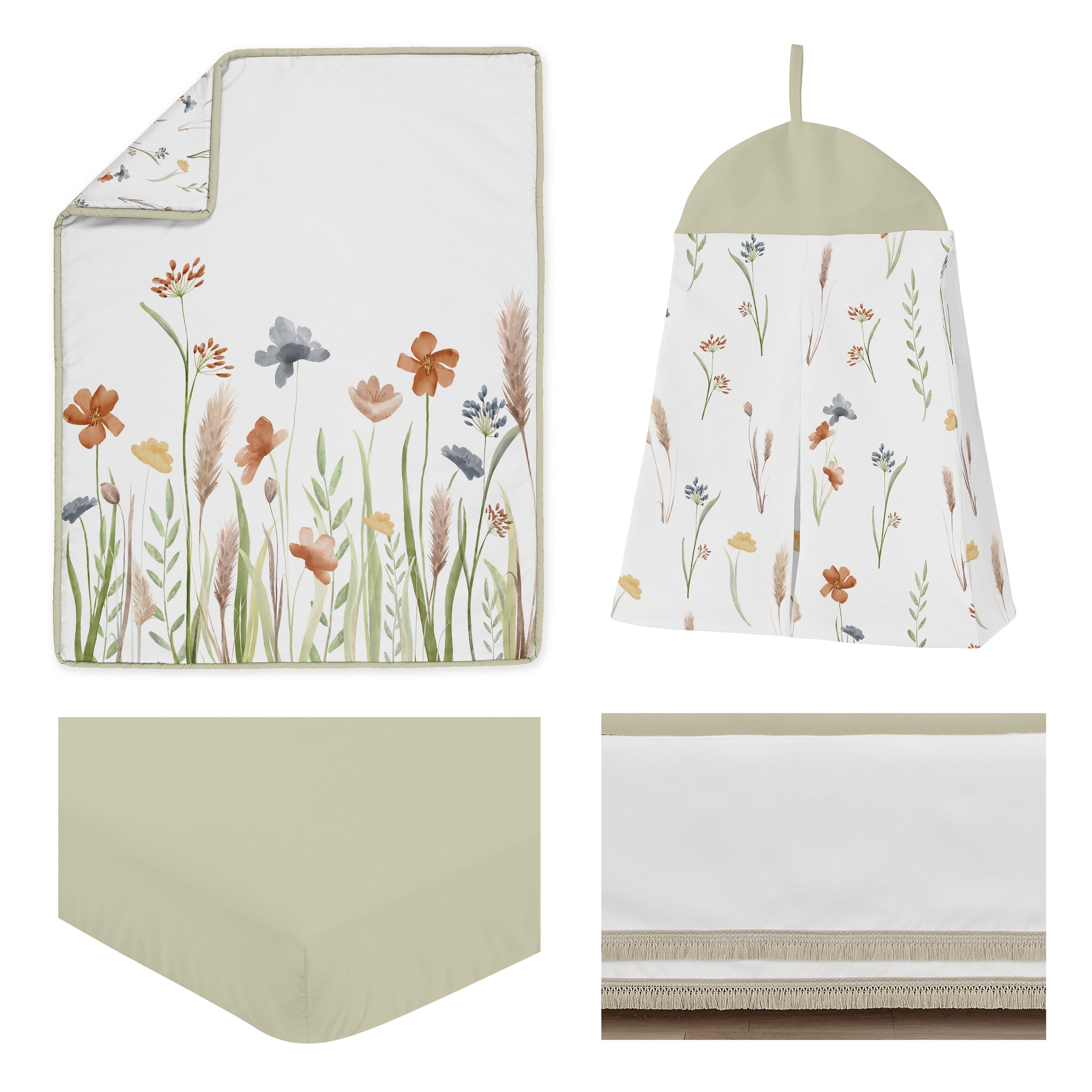 Sweet Jojo Designs Watercolor Floral Garden Green Blue and Orange 4 Piece Crib Bedding Set