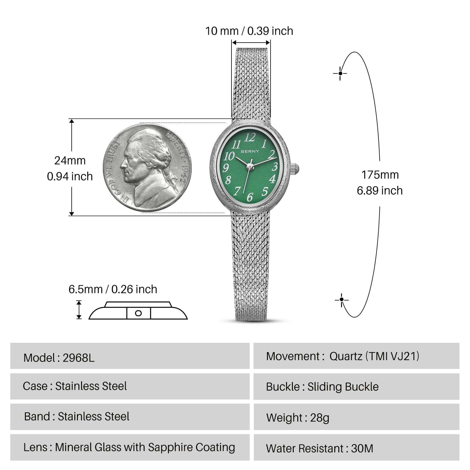BERNY Small Silver Watches for Women, Dainty Easy to Read Oval Dial, Vintage Stainless Steel Bracelet Watch, Adjustable Mesh Band, Waterproof, Luxury Ladies Analog Quartz Wrist Watch Gifts (Green)