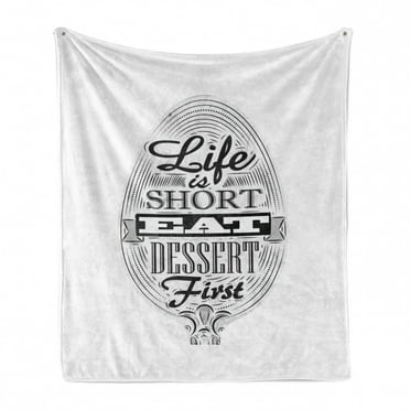 Eat Dessert First Soft Flannel Fleece Blanket, Life is Short Food Inspired Words on Spoon Retro Chalk Board, Cozy Plush for Indoor and Outdoor Use, 50" x 70", Charcoal Grey and White, by Ambesonne