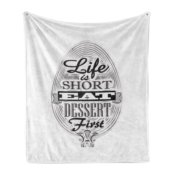 Eat Dessert First Soft Flannel Fleece Blanket, Life is Short Food Inspired Words on Spoon Retro Chalk Board, Cozy Plush for Indoor and Outdoor Use, 50" x 70", Charcoal Grey and White, by Ambesonne