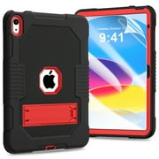 TECH CIRCLE Case for iPad 10th Generation 10.9 inch 2022, Heavy Duty Shockproof Rugged Full Body Protective Cover with Soft HD Screen Protector Kickstand for Apple iPad 10th Gen 10.9 Inch, Black+Red