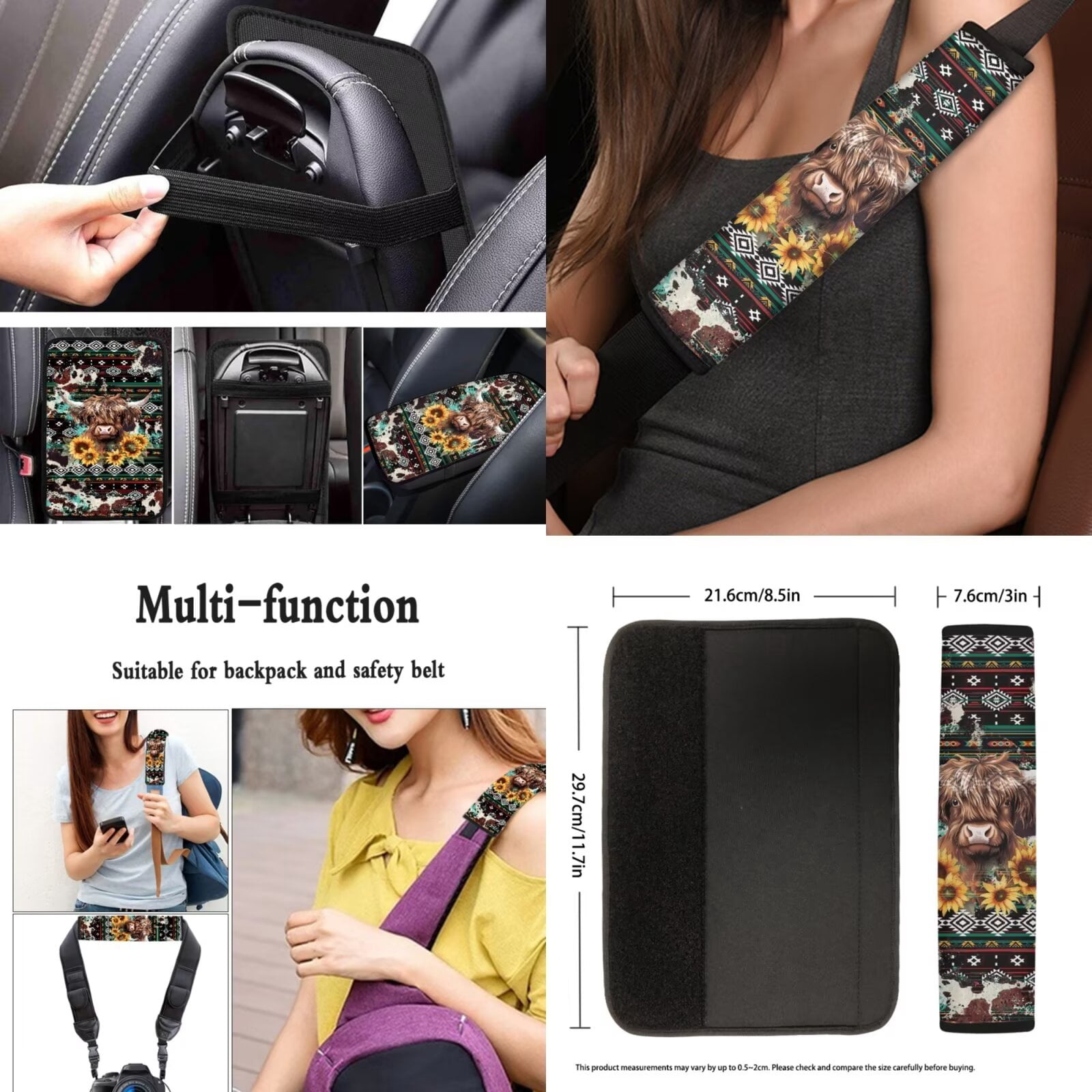 Garronmavis Aztec Highland Cow 13 PCS Car Seat Cover Set Including Steering Wheel Cover, Seat Belt Pad, Coaster, Keychain, Lipstick Cover Universal Auto Accessories