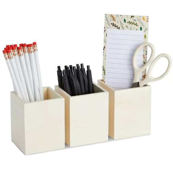3 Pack Unfinished Wood Pencil Holder Cups For Office - Pen Accessories Organi...