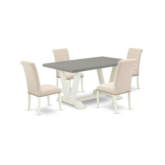 East West Furniture V096BR202-5 5-Pc Stylish Dining Room Table Set a Cement Color Modern Dining Table Top and 4 Lovely Linen Fabric Parson Chairs with Nail Heads and Button Tufted Chair Back, Wire...