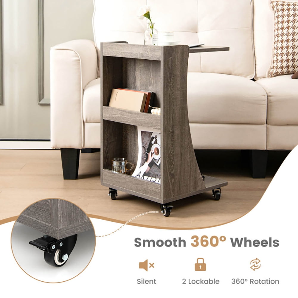 Finihen End Table, C-shaped Rolling End Side with Back Storage Shelves beside Sofa, Sofa Side Table, Bed Side Table, for Living Room, Bedroom, Gray Finihen End Table, C-shaped Rolling End Side with Back Storage Shelves beside Sofa, Sofa Side Table, Bed Side Table, for Living Room, Bedroom, Gray