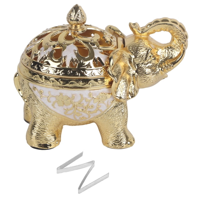 Quemador de incienso con forma de elefante, adorno de aromaterapia para sala de estar, entrada, dormitorio (fondo blanco dorado)