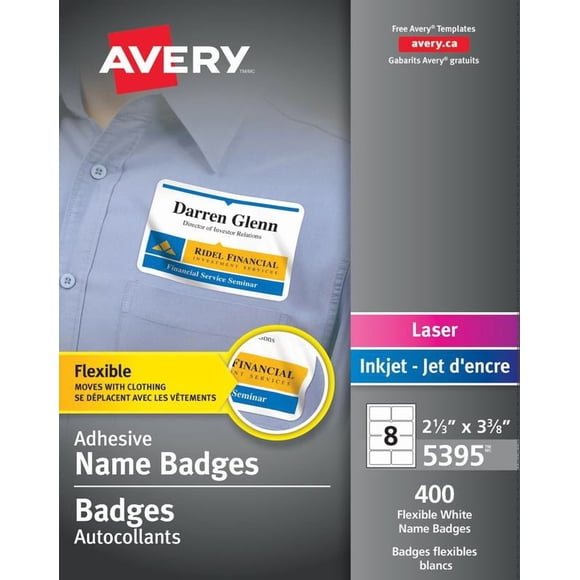 Avery Name Badges, 2⅓" x 3⅜", White, Flexible Film, Peel Away Feature, 50 sheets/box, 400 badges/box, (5395)