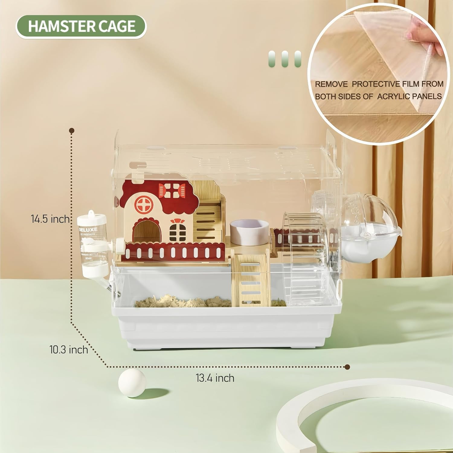 8 in 1 Clear Acrylic Hamster Cage with All Accessories,13.5''L* 10''W* 13''H Dwarf Hamster Cage,Small Hamster Habitat,Garden Style Mouse Cage for Pet Mice,Hamster Enclosure with Stairs(1-Layer,White)