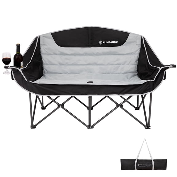 FUNDANGO Oversized Fully Padded 2 Person Loveseat Chair, Folding Double Camping Chair for Adults, Heavy Duty Outdoor Loveseat Chair with Side Table, Portable Double Camping Couch, Black-Grey