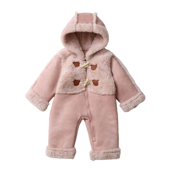 BLVB Infant Toddler Snowsuit Cute Baby Newborn Winter Coat Warm Zip-Up Hooded Jumpsuit Fleece Rompers for Boys Girls(Pink,1-2 Years)