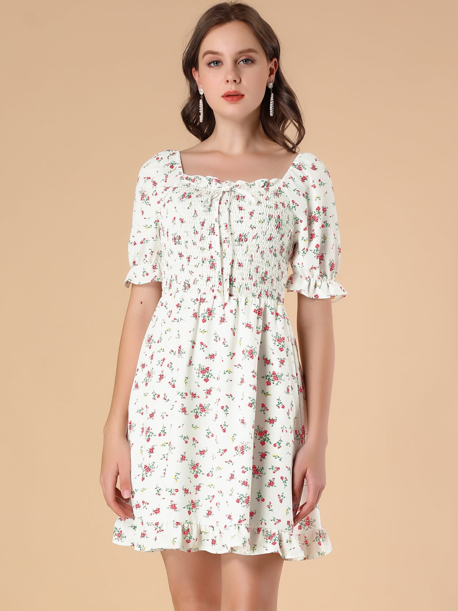 DARING DIVA Puff Sleeve Back Smocked Sweetheart Neck Ruffled Hem Dress XL White