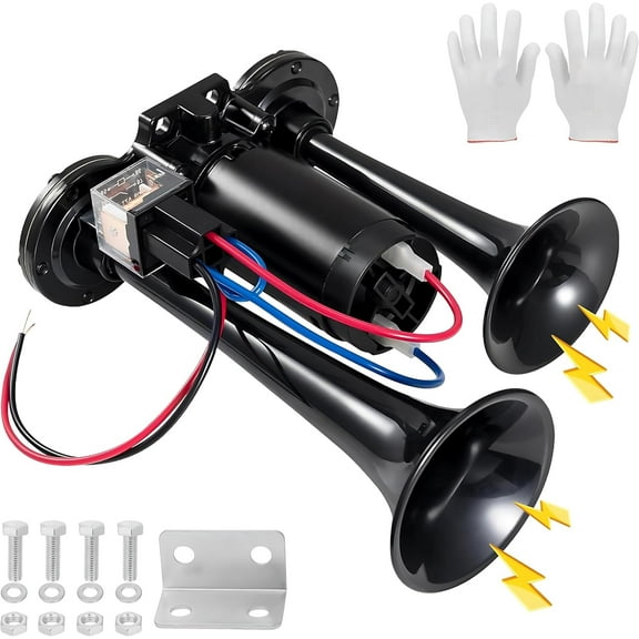 600dB Super Loud Dual Trumpet Electric Train Air Horn Kit with Heavy-Duty Compressor – 24V Waterproof Black Airhorn for Trucks, Motorcycles, SUVs, Pickups, Boats, ATVs & Off-Road Vehicles