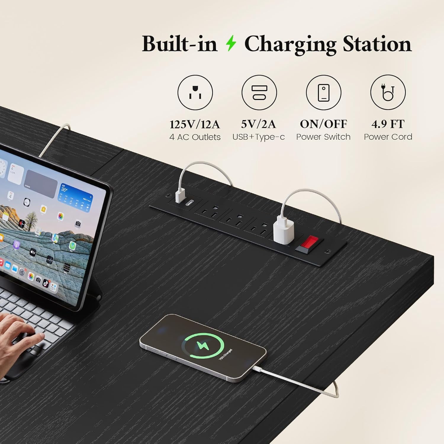 63 Inch Executive Desk with Power Outlet, Modern Computer Office Desks, Large Laptop Desk Writing Table Workstation Business Furniture for Home Office, Black