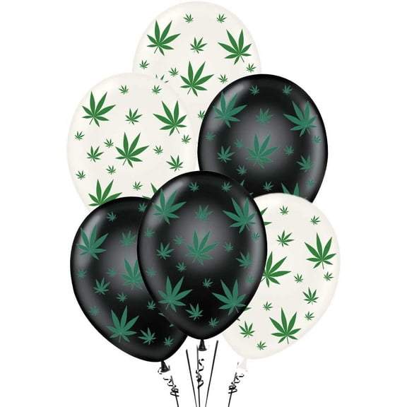 PMU Balloons PartyTex 11in Premium White and Black with All-Over Print Green Leaves Pack of 12