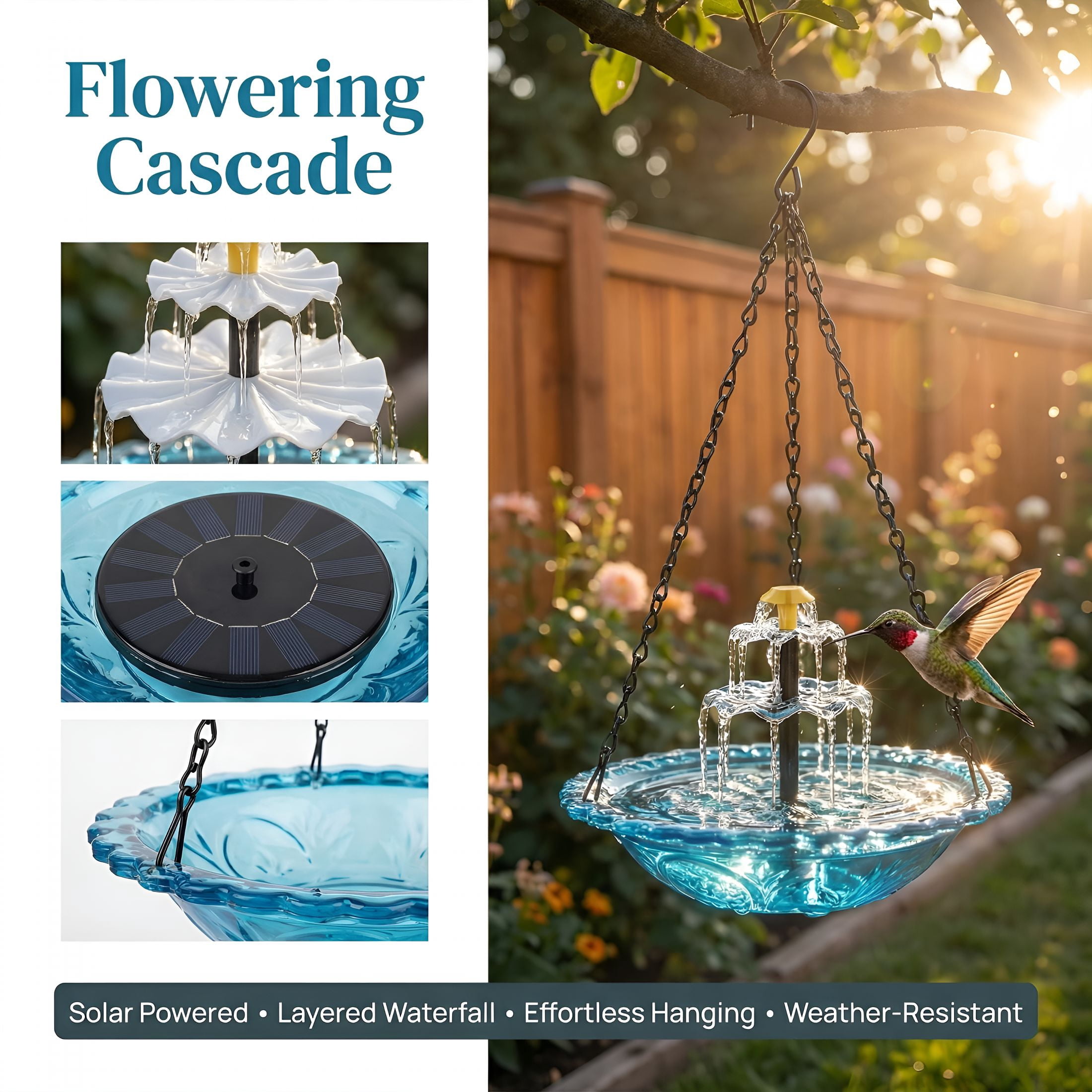 HIBIBUD Hanging Solar Bird Bath Fountain, Blue Wireless Cascading Water Feature – Solar Powered for Garden, Patio, Hummingbirds