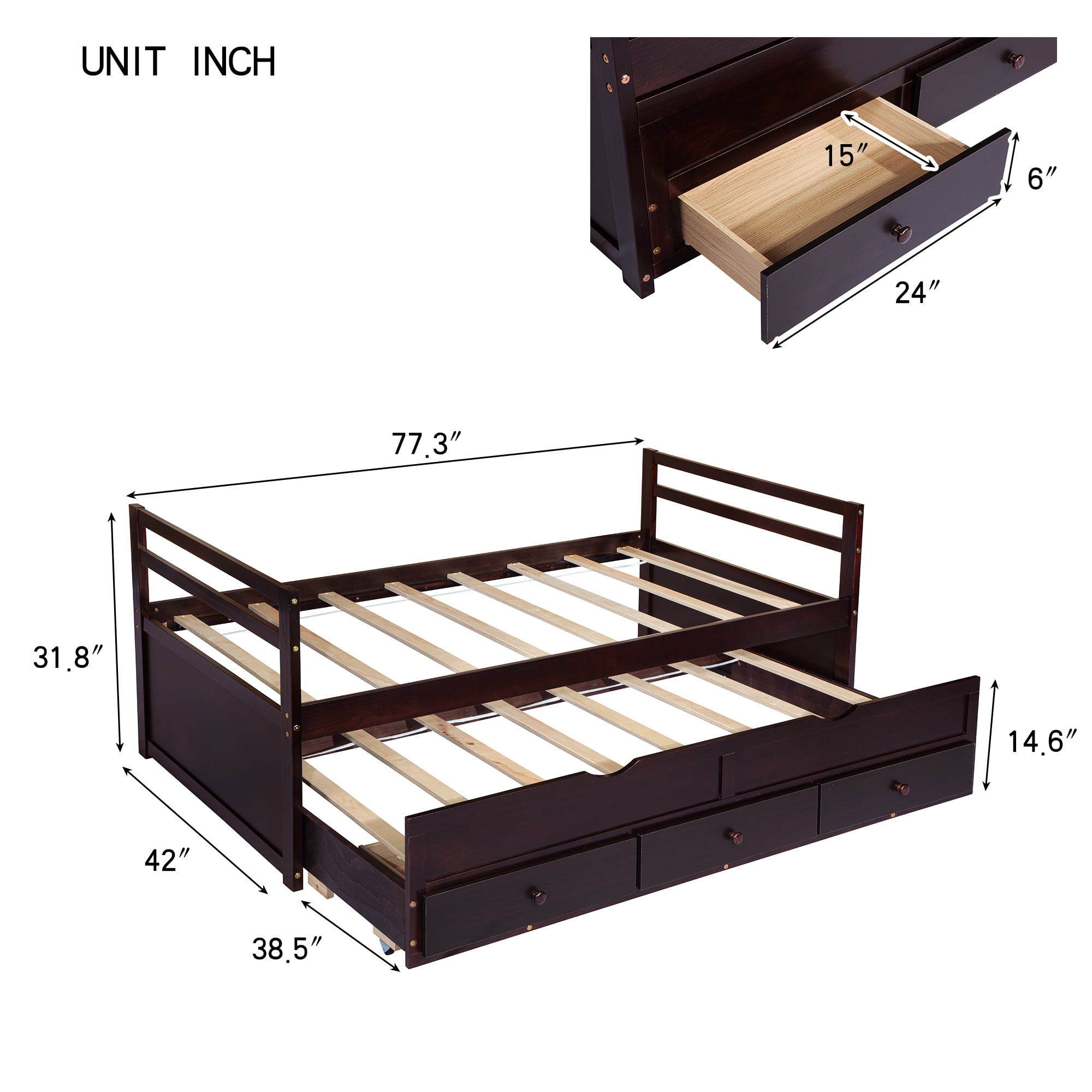 Miniyam Wood Twin Size Bed with Trundle, Storage Drawers for Kids, Espresso