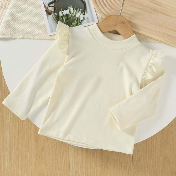 Blczomt Thermal Toddler Girl Tshirt Long Sleeve Winter T-Shirt Beige Plain Ruffle Crewneck Basic Tshirts for Kids Girls