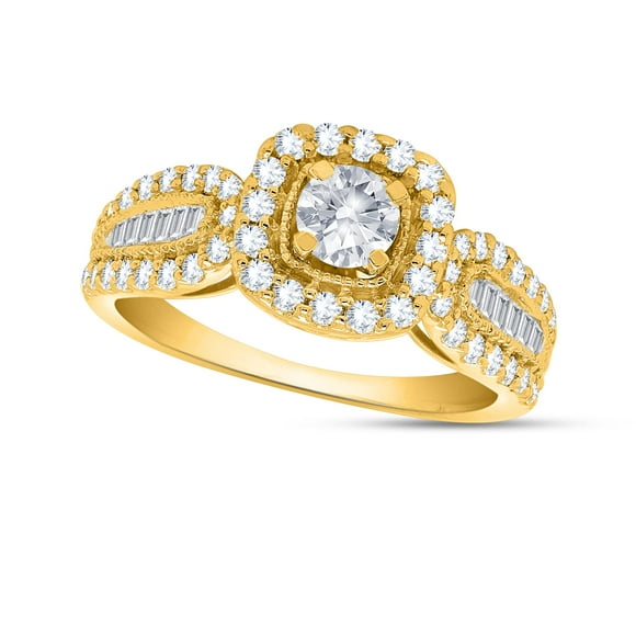 Poshadime Milgrain Reverse Shank Halo Diamond Engagement Rings - 1.25 Carat Round And Baugette Simulated Diamond 18K Yellow Gold Over Silver (Clarity : VVS1, Color : D), Ring Size-6"
