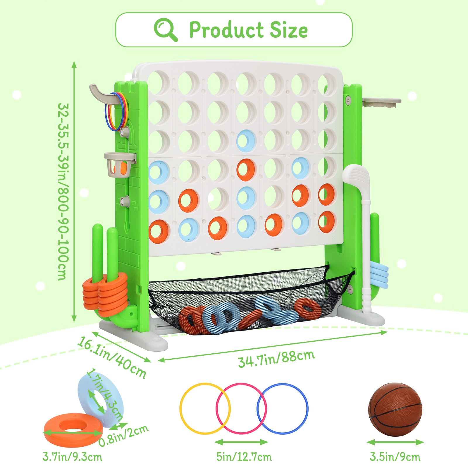 Jumbo 4-to-Score Connect Game Set: Height-Adjustable Yard Game with Golf, Basketball Hoop, Ring Toss & Mesh Bag for Kids & Adults, White Green