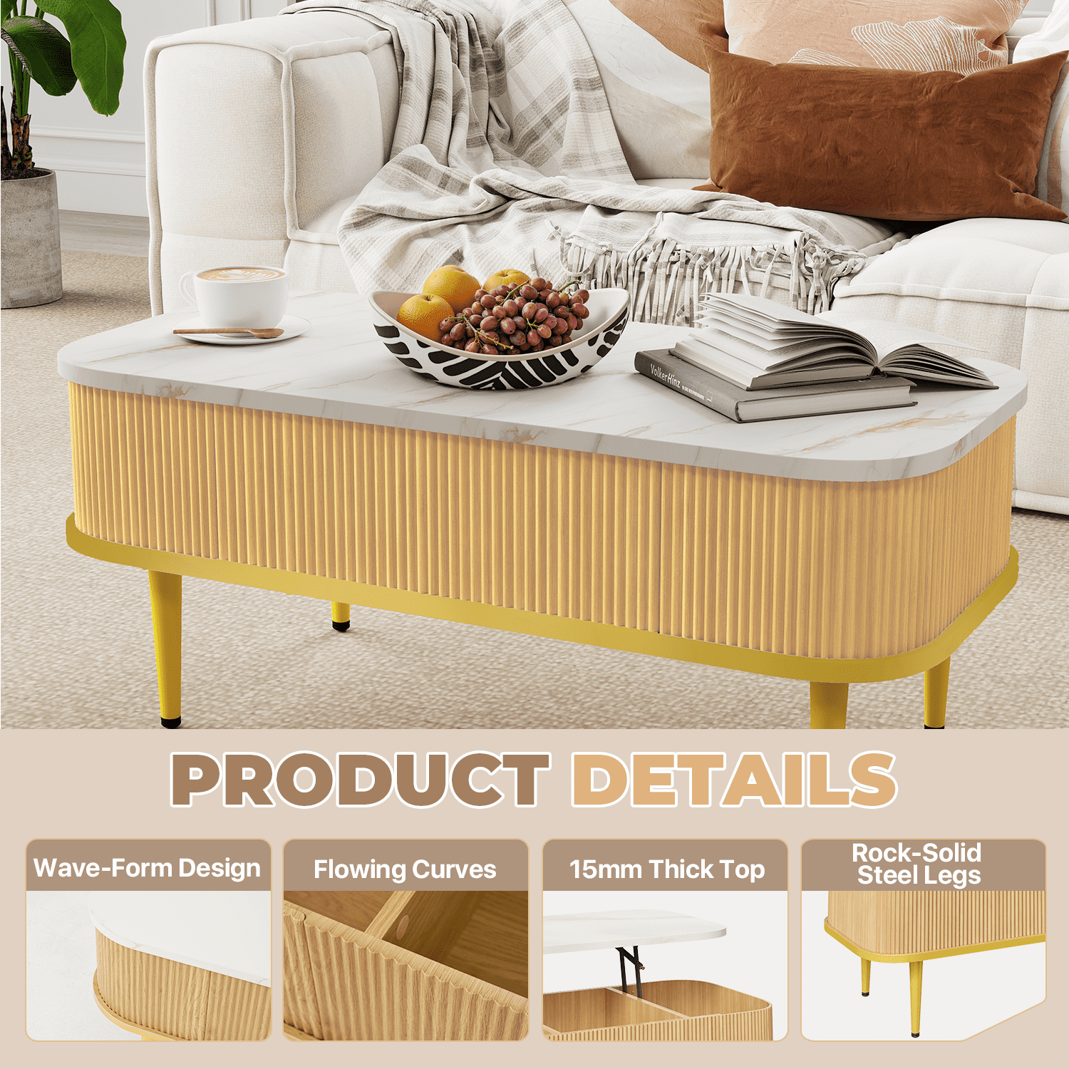 BaPiPro 39" Lift Top Coffee Table with Storage, Modern Fluted Rectangle Center Table with Hidden Compartment for Living Room, Home Office, Oak