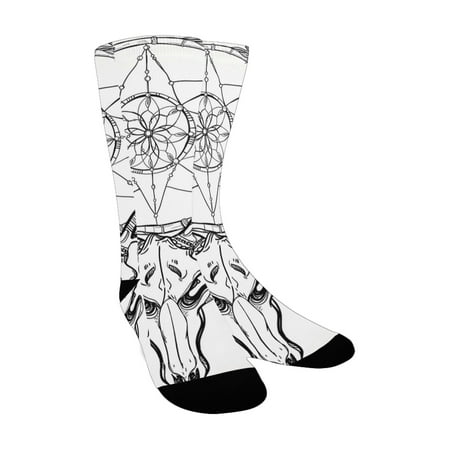 

Tattoo Decor Deer Skull with Feathers on its Antlers as an Accessory holding a Star White and Black Custom Socks for Women