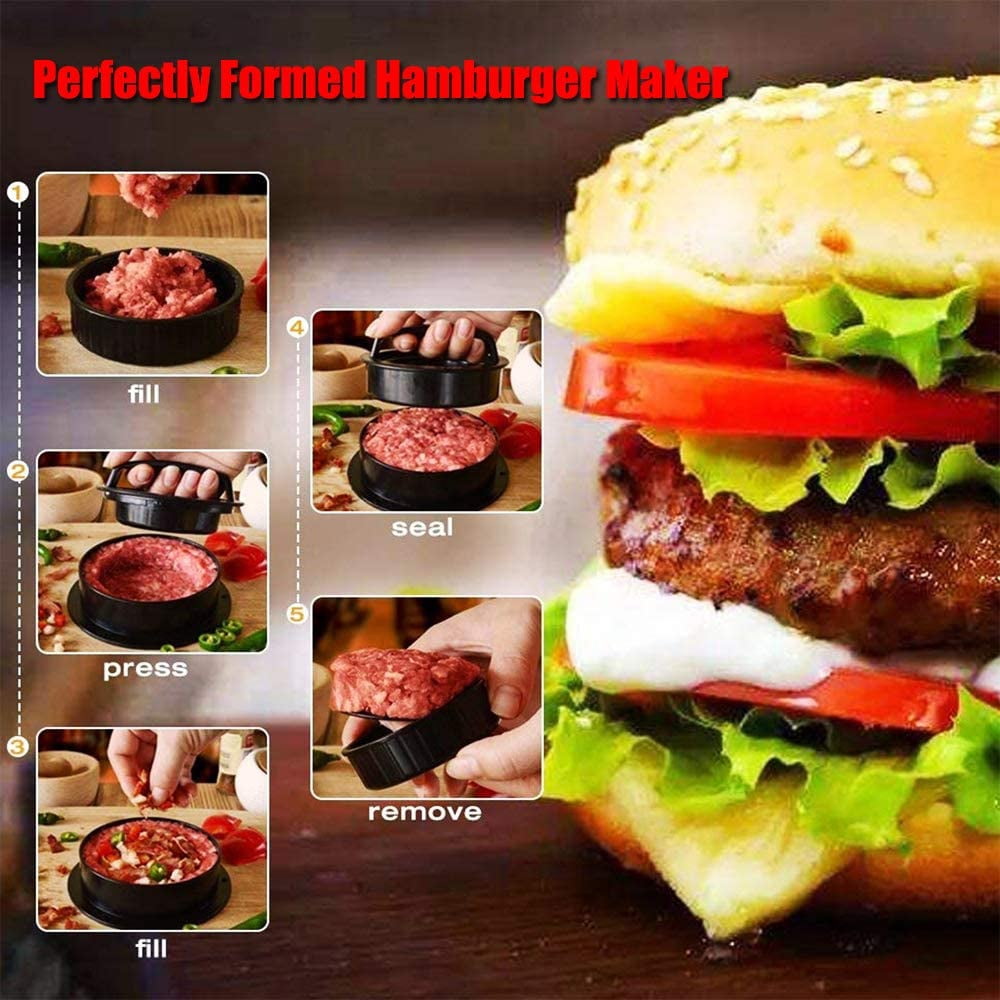 Burger Press Patty Maker, Non-Stick Hamburger Mold Kit for Easily Making Delicious Stuffed Burgers, Regular Beef Burger and Perfect Shaped Patties, Best Indoor Kitchen Gadgets Cooking (Black)