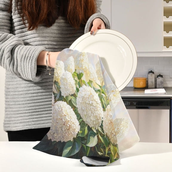 BZSMCE Kitchen Towels Creative Design White Hydrangea Bush Painting Pattern Durable Kitchen Towel