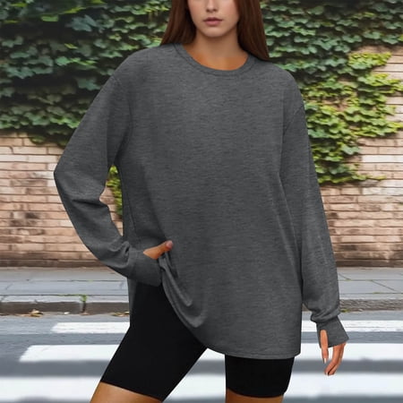 Aobny Women Golf Tees Long Sleeve Tunic Gray Crew Neck Shirts Thumb Hole Womens Boho Tops L