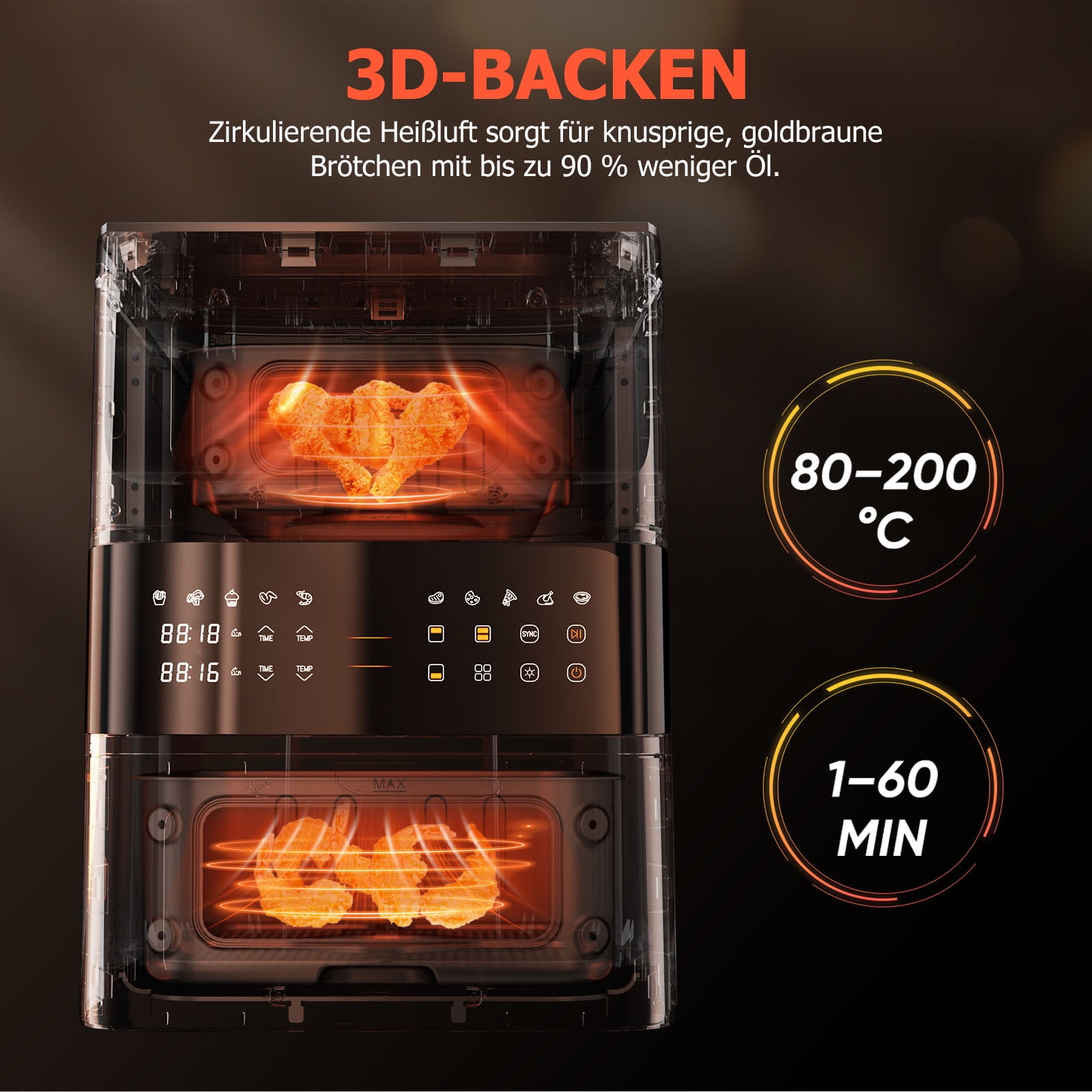 11QT Dual Basket Air Fryer, 10-in-1 Air Fryer Oven with 3D Hot Air Circulation, LED Touchscreen, Nonstick Dishwasher-Safe Baskets, Visible Window, Stainless Steel, Black