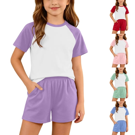 Girls Summer 2 Piece Outfits Short Sleeve T Shirts Top and Shorts Set Kids Clothing Sets with Pockets Teen Soft Comfy Athletic Casual Sets Sportswear Pink 7-8 Years