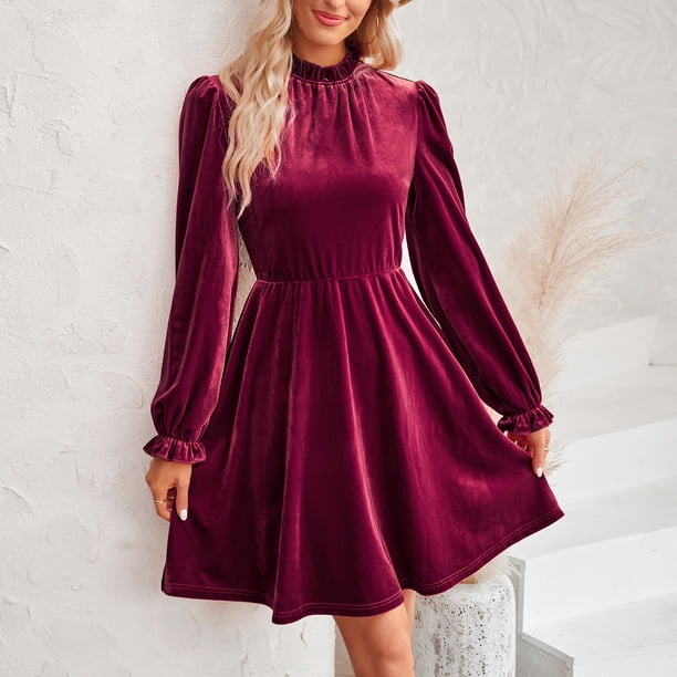 Vestido de manga con volantes para mujer color sólido cuello alto talle traje básico de vacaciones