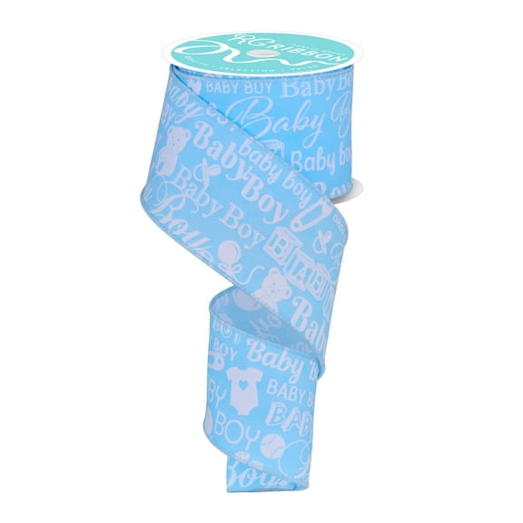 2.5"x10yd Baby Boy print Wired Edge Ribbon, Baby blue and White