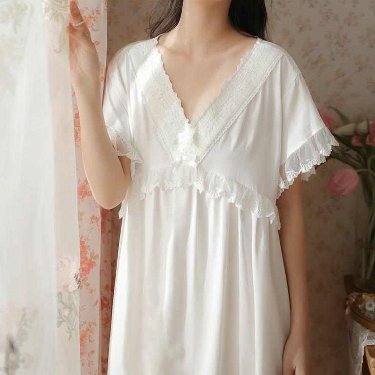 Women's Vintage Sleepwear Robes White Fur Trim Dress V Neck Long Sleeve Gown