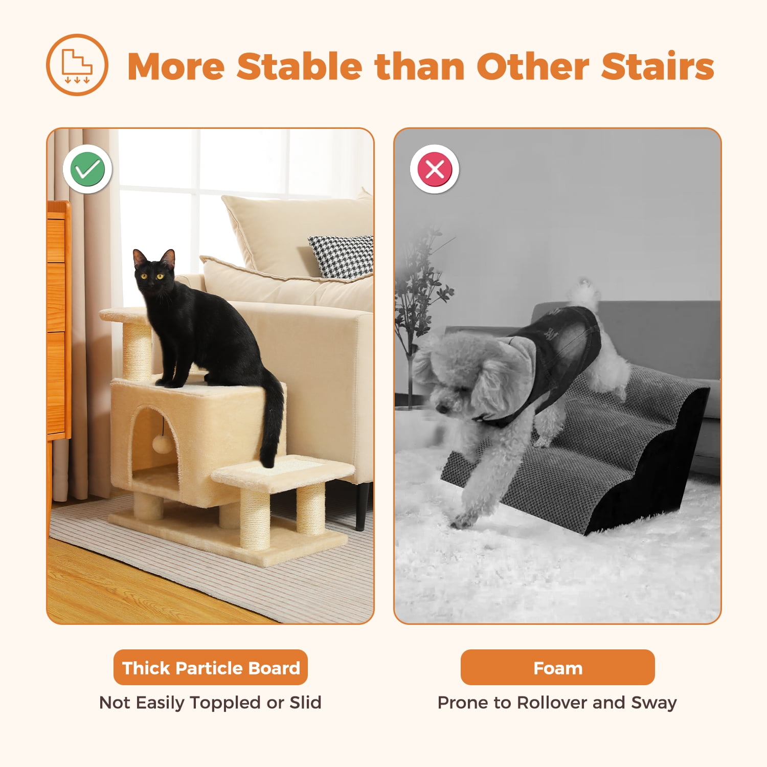 PAWZ Road 21.3" Dog Stairs with Scratching Post 3-Step Pet Stairs with Cat Condo for Small Dog Beige