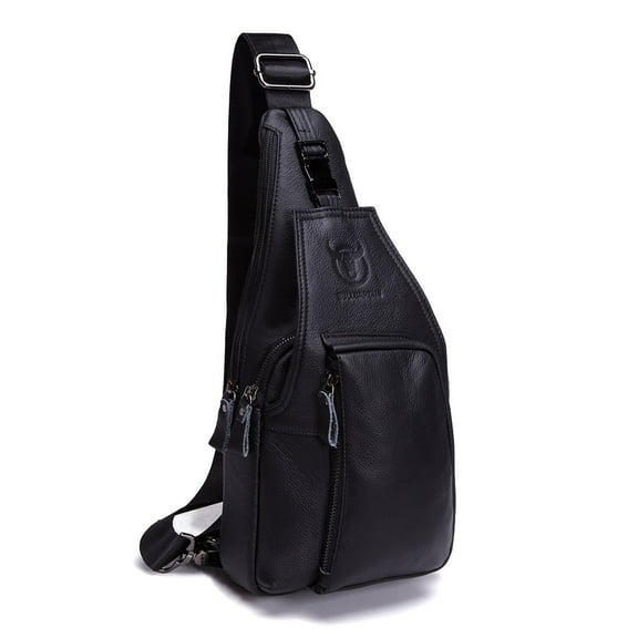 Men Sling Bag, Genuine Leather Chest Shoulder Messenger Bag Casual Crossbody Bag Daypacks Black
