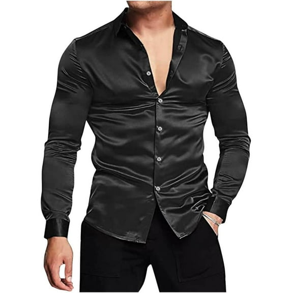 VERUGU Mens Dress Shirts Slim Lapel Long Sleeve Solid Trendy Bright Satin Formal Shirt Business Casual Button Down Tops Black S