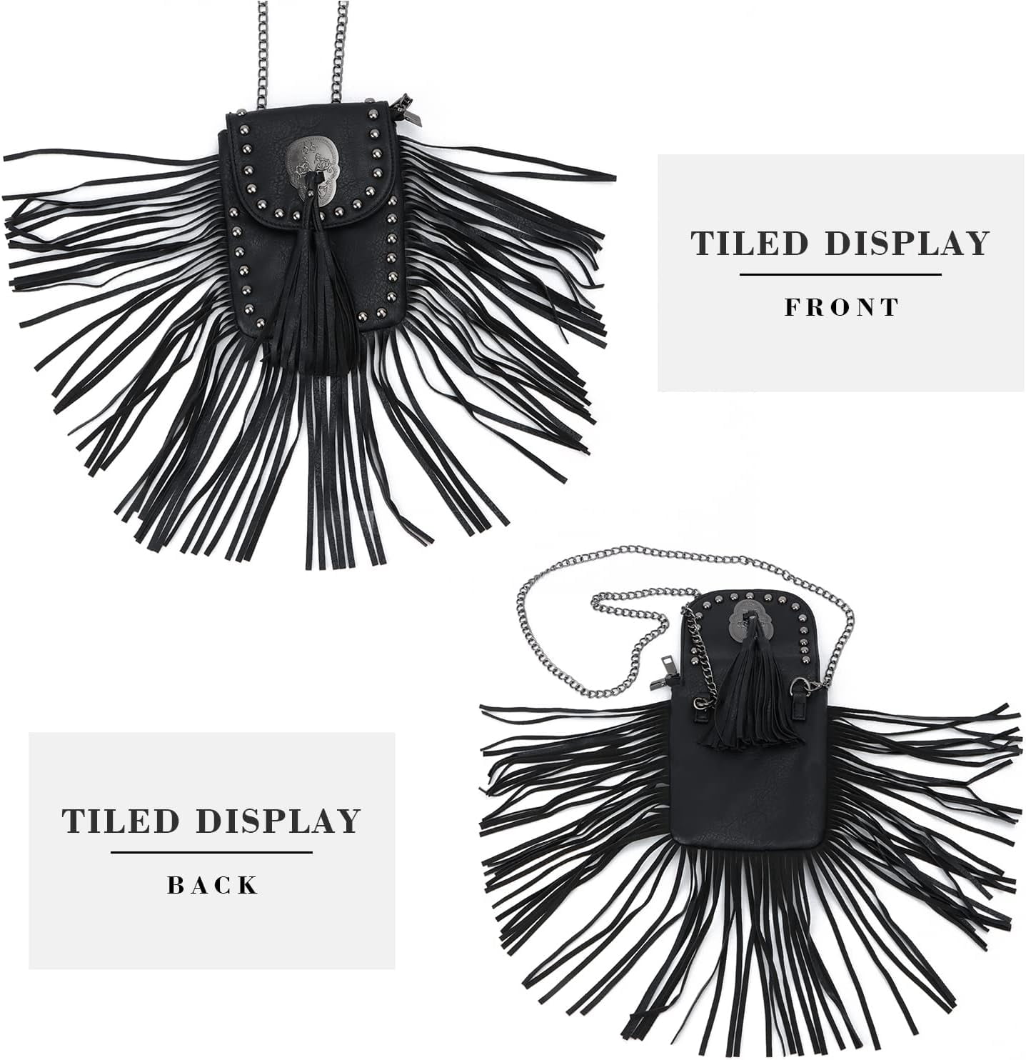 Leather Skull Fringe Purses for Women Black Tassel Shoulder Crossbody Bag Unique Gothic Punk Satchel Handbag