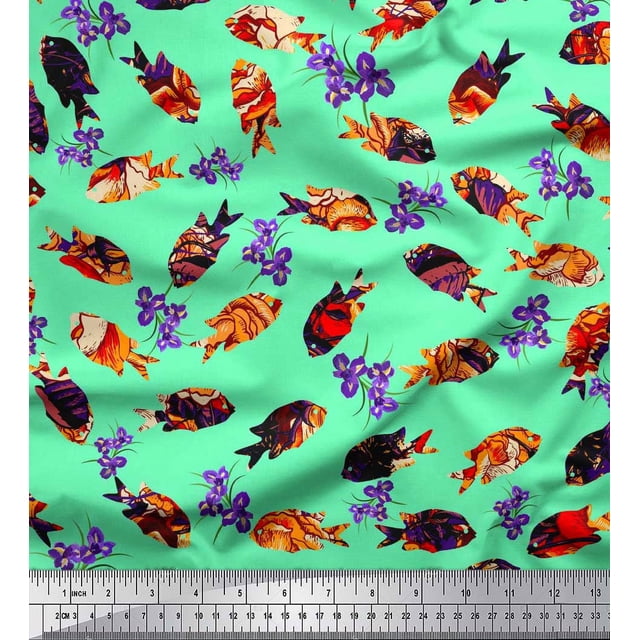 Soimoi Rayon Fabric Floral & Textured Fish Ocean Decor Fabric Printed Yard 42 Inch Wide