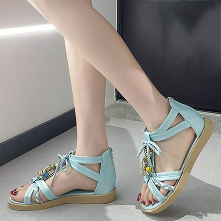 

Alueeu Women s sandals Fashion Spring And Summer Boho Style Women Sandals Beach Beaded Cross Strap Back Zipper Flat