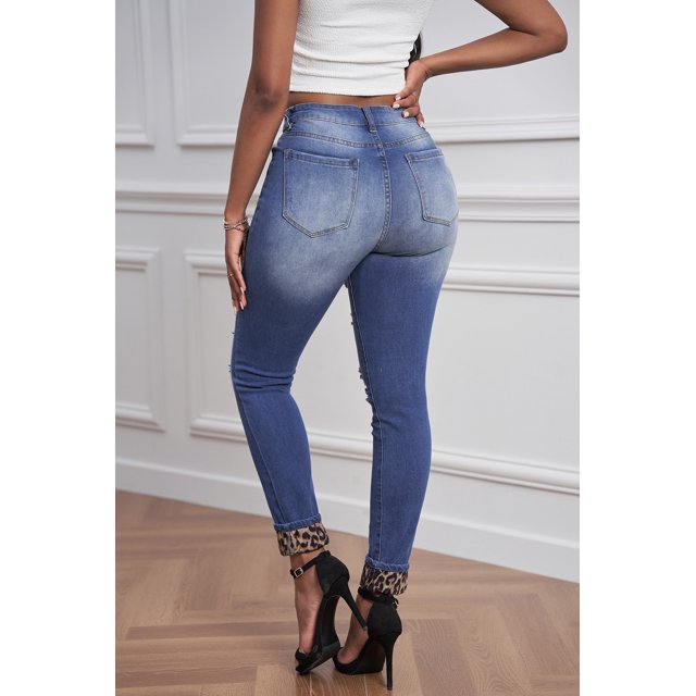 ABPHQTO Vaqueros desgastados de patchwork de leopardo calados azules para mujer