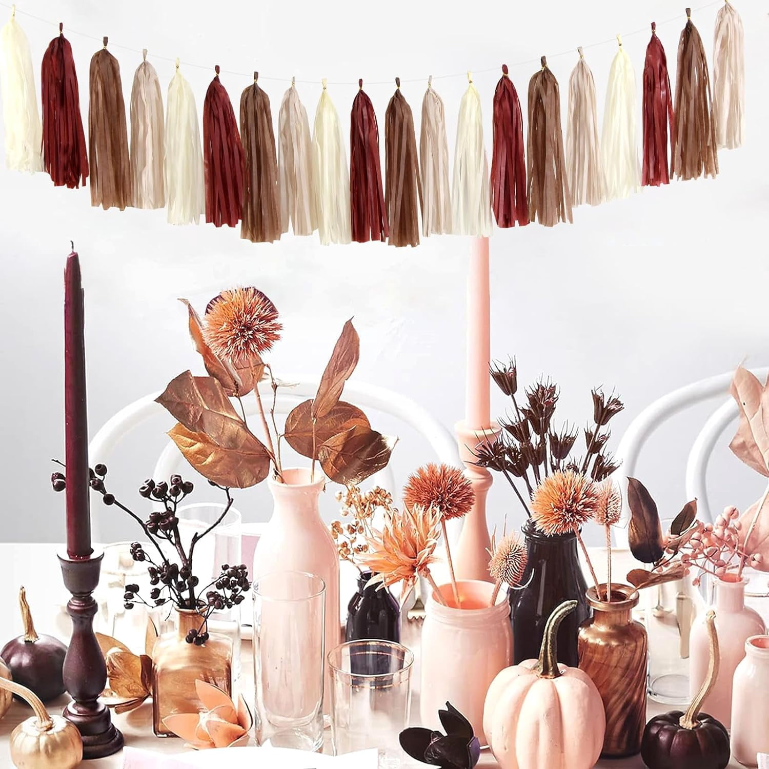 Brown Burgundy Champagne-Gold Party-Decorations - 30pcs Rustic Boho Wedding Tissue Pom-Poms Streamers ,Fall Autumn Tassel Garland Banner,Birthday Baby Bridal Shower Engagement Decor