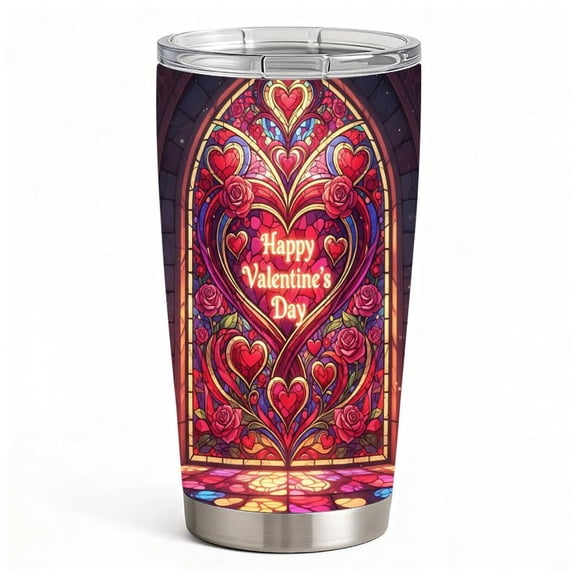 Elegant Rose & Heart Stained Glass Design Tumbler, Double-Wall Vacuum Insulated Drink Cup, Valentine Gift Idea for Women